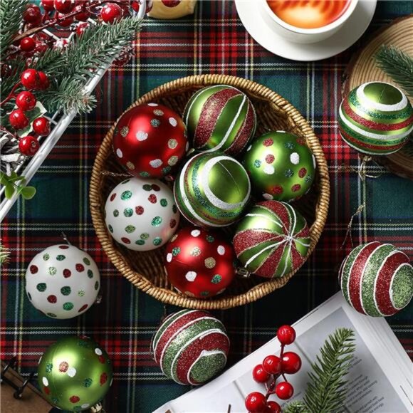 Set of 12 Christmas Ball Ornaments, 2.4'' Glitter Elf Candy Cane Tree Decoration - Picture 3 of 8